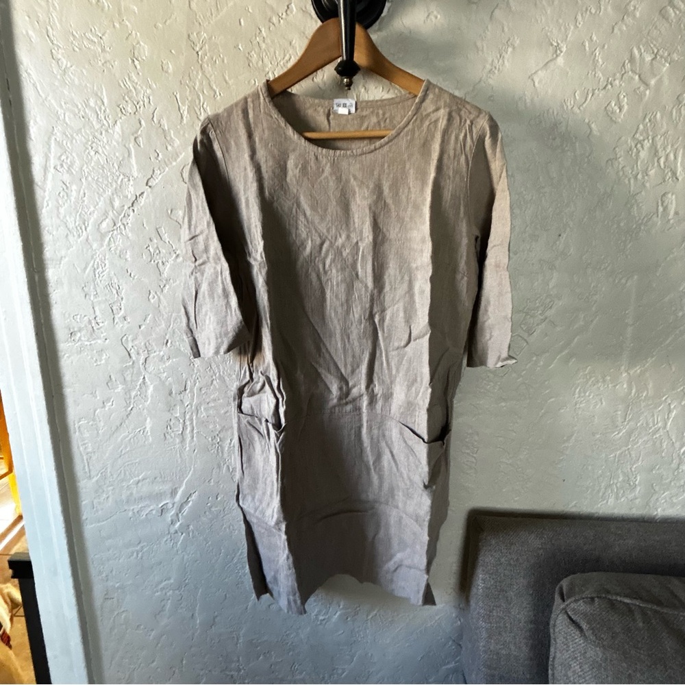 Linenfox 100% Linen Mini Quarter Sleeve Shift Dress